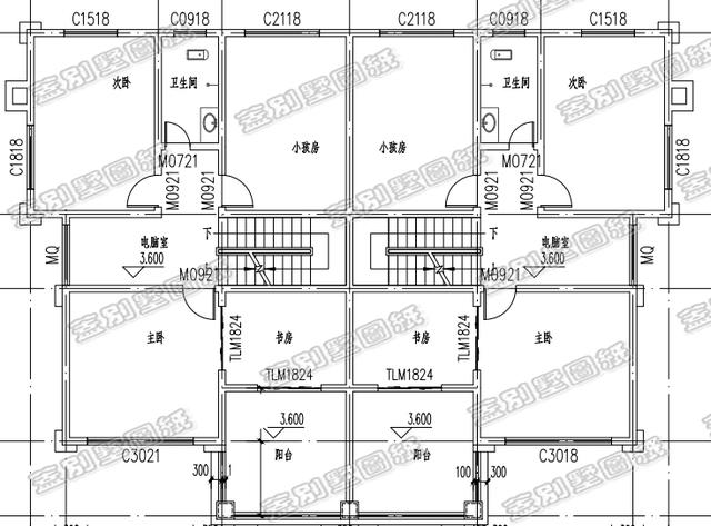 cad效果图制作 18×12米带落地窗实用农村双拼别墅全套CAD施工图效果图